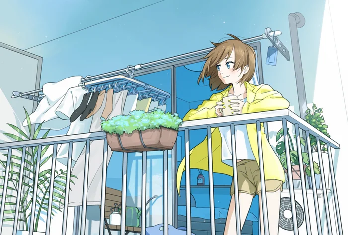 Take a break - Anime, Anime art, Original character, Girls, Balcony, Houseplants, Clothes dryer