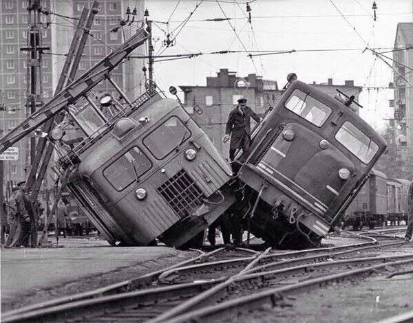 Collision between two trams on a Stockholm street. Sweden, November 2, 1965 - The photo, Black and white photo, Stockholm, Sweden, Tram, Film, 1965