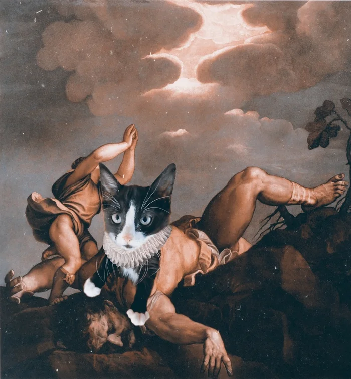 Reply to the post “I have a brand new kitten. Yesterday they seized a dog from bad conditions, they also seized a kitten and I took it.” - My, cat, Kittens, Hobby, Collage, Modernism, Modern Art, Photoshop, Art, Titian, David and Goliath, Reply to post