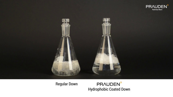 Брендированный пух, пропитанный гидрофобной пропиткой, даже при взбалтывании в колбе с водой продолжает быть намного более сухим. Обычный пух уже намок.