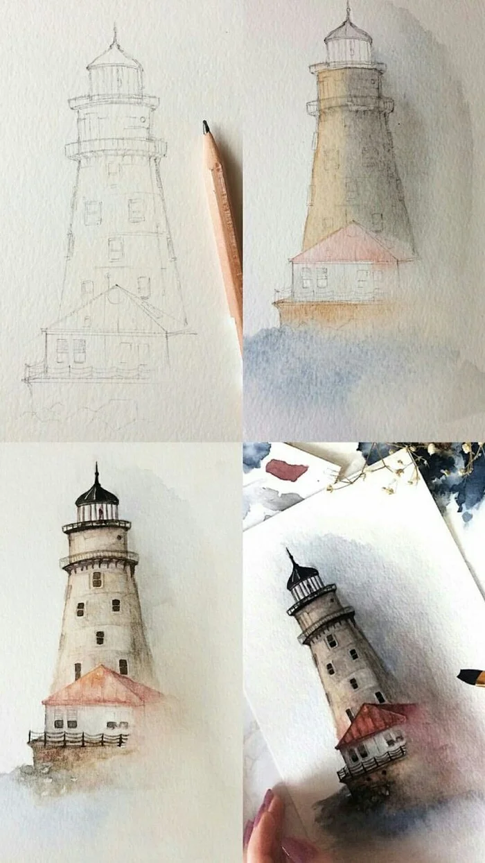 Simple Lighthouse Drawing Ideas - My, Decor, Painting, Drawing process, Watercolor, Sketch