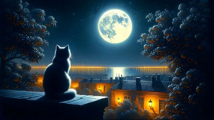Meditation on the roof under the moon - Нейронные сети, Art, Neural network art, Another world, Digital drawing, cat