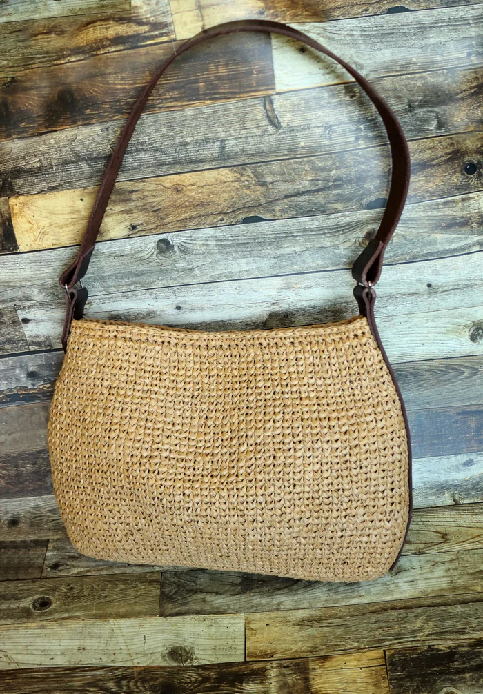 Raffia and leather bag, summer - My, Сумка, Leather, Crochet, Needlework without process, Longpost, With your own hands, Handmade, Hobby