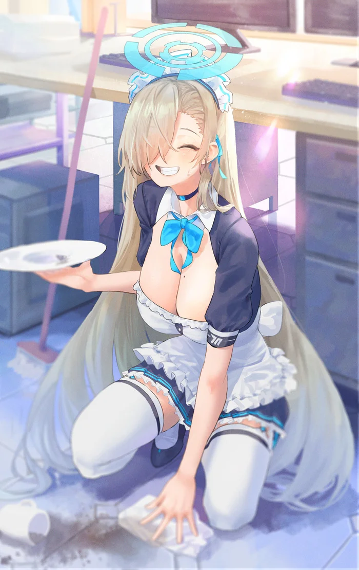 Well, at least I didn’t spill it on myself - Anime, Anime art, Blue archive, Ichinose asuna, Housemaid, Stockings