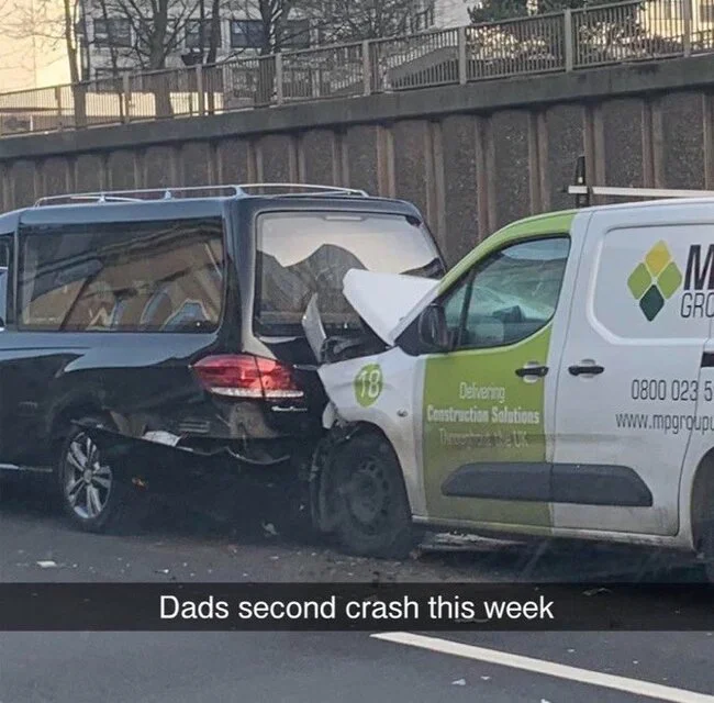 My dad's second accident this week - Black humor, Crash, Screenshot, Humor, Picture with text, Hearse