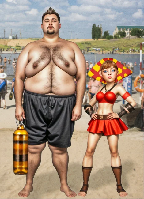 Reply to the post “Alyosha the Barbarian and Red Lyubava” - My, Neural network art, Photoshop, Alesa Popovic, Lyubava, Skufs, Altushki, Beach season, Reply to post