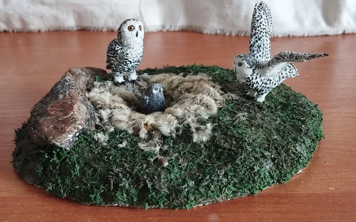 Owls - My, Polymer clay, Figurines, Creation, Owl, Лепка, Polar owl, Diorama, Miniature, Longpost