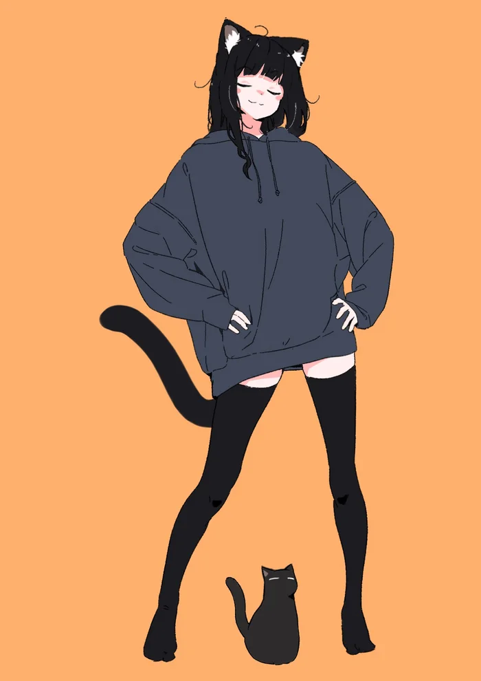 Well settled - Anime, Anime art, Art, Girls, cat, Tail, Animal ears