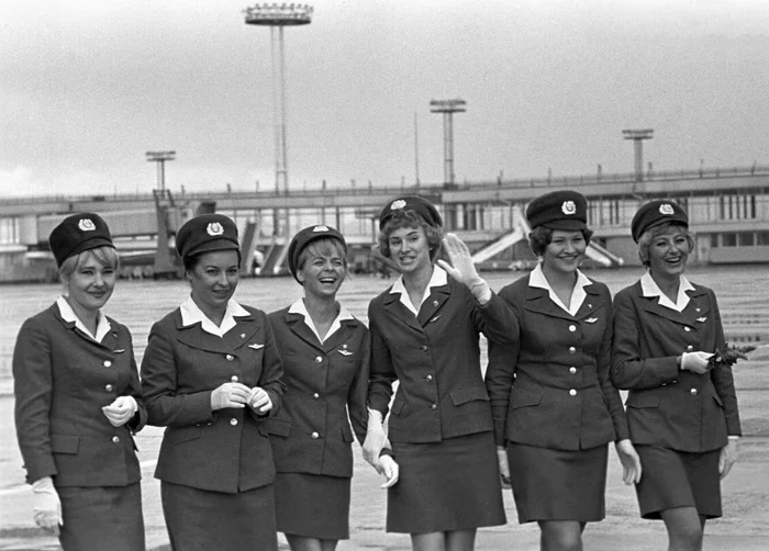 Soviet flight attendants are the embodiment of style! Domodedovo Airport, Moscow, 1970s - Stewardess, Flight attendant, the USSR, Telegram (link), Made in USSR, Childhood in the USSR, Retro, Girls, Style, Airplane, Moscow, The airport, 70th, Film, Black and white photo