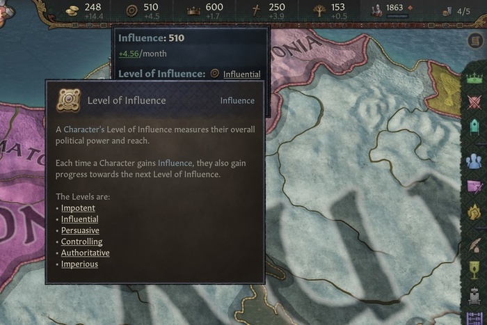 У Влияния есть уровни, так же как у Престижа и Благочестия.