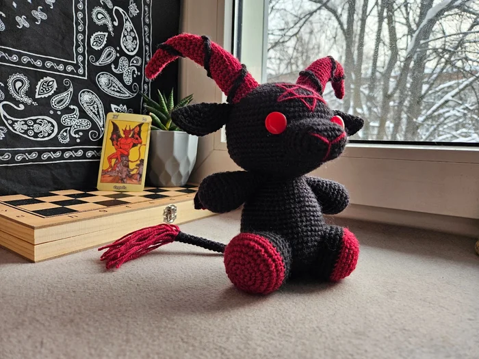 Baphomet with flexible horns - My, Knitting, Crochet, With your own hands, Needlework without process, Needlework, Toys, Knitted toys, Creation, Presents, Order, Author's toy, Baphomet, Satanism, Crap, Soft toy, Longpost, Amigurumi