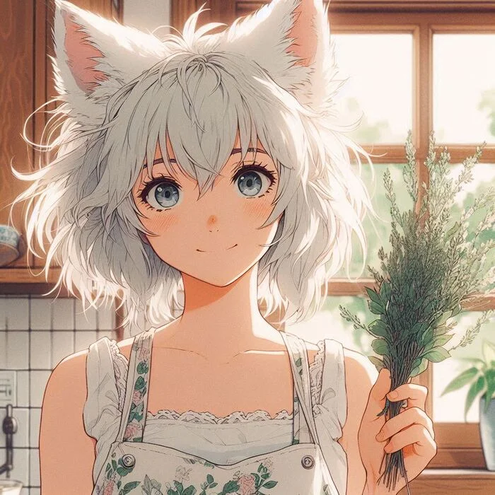 My signature tea - My, Neural network art, Anime art, Art, Girls, Нейронные сети, Anime, Original character, Kitsune, Animal ears, Tail, Redheads, Freckles, Tea, Summer, Ginger & White, Longpost