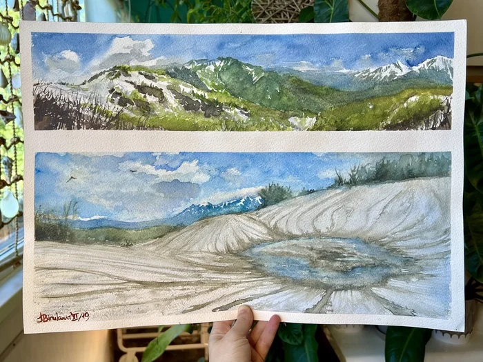 Views from the Achishkho weather station - My, Watercolor, The mountains, Caucasus mountains, Krasnaya Polyana, Painting, Spring, Watercolor paper