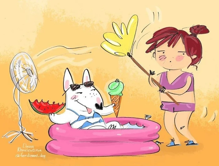 May I live like this!... - My, Heat, Bull terrier, Author's comic, Dog, Swimsuit