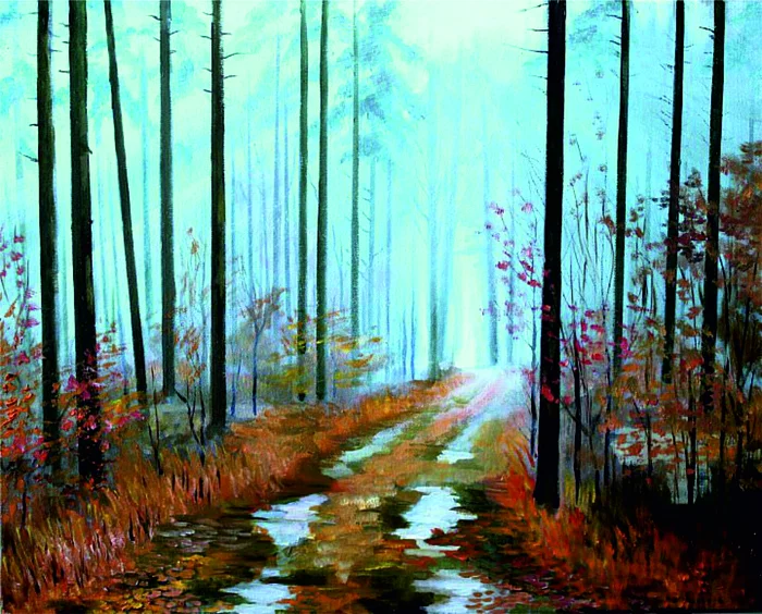 Path in puddles 2 - My, Artist, Oil painting, Author's painting, Canvas, Butter, Longpost