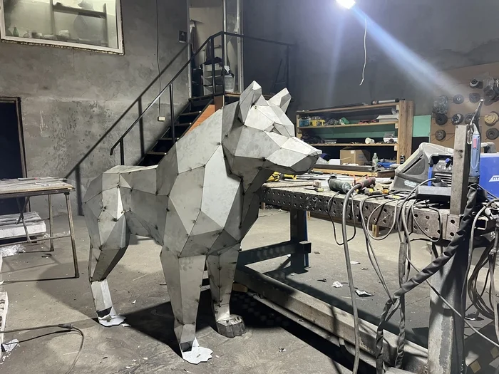 Stainless steel wolf - My, Wolf, Low poly, Art, Welding, Argon, Stainless steel, Longpost