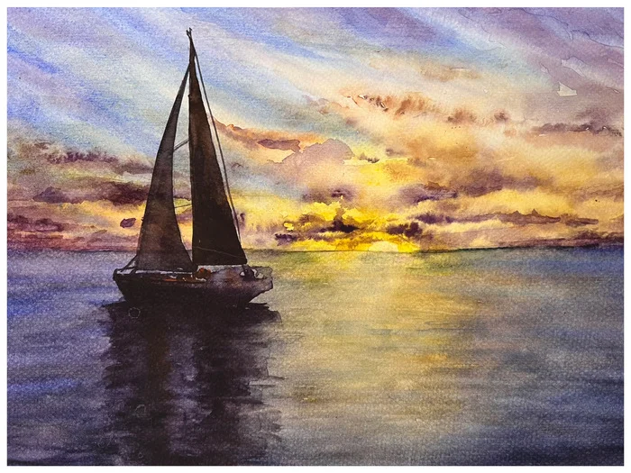 We invite you to the sea, to the sunset - My, Watercolor, Sea, Yacht, Landscape, Sunset, Sky, Clouds