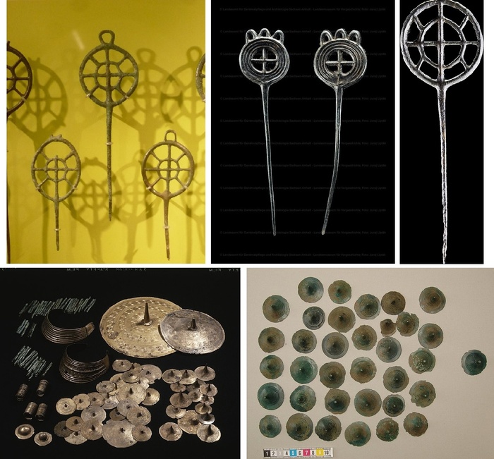 Вот так выглядят подобные предметы из других захоронений. Верхний ряд - булавки, нижний - тутулусы