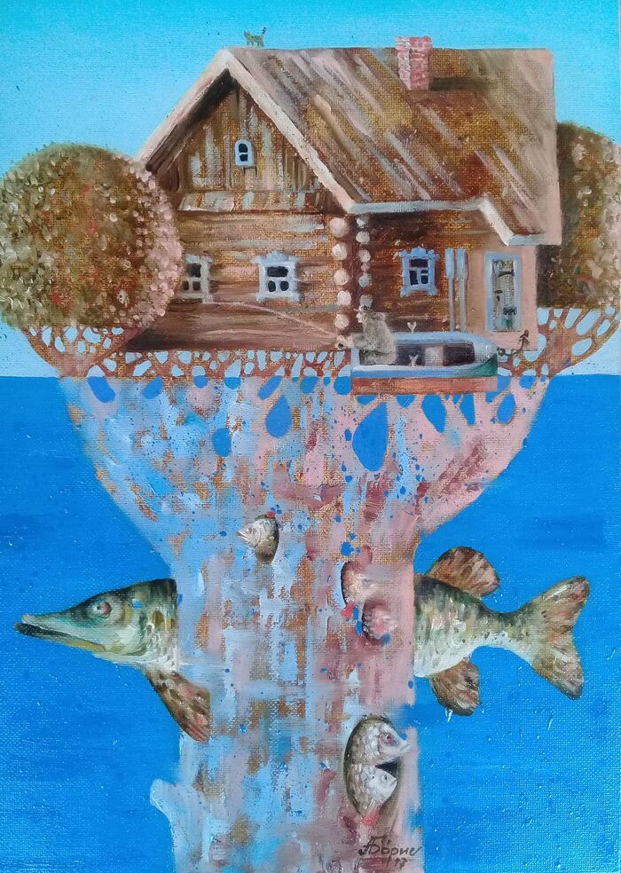 The Fisherman's House - My, Art, Modern Art, Art, Fantasy, Painting, Oil painting, Canvas, Surrealism, Pike, Fishermen, Fishing, Fishing rod, Butter, cat, A boat, Izba, Hut, Paddle