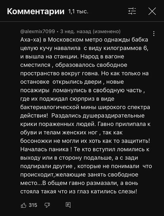 Plot for a short horror film - My, Metro, Moscow Metro, Public transport, Feces, Comments, Youtube, Horror, Plot, Screenshot