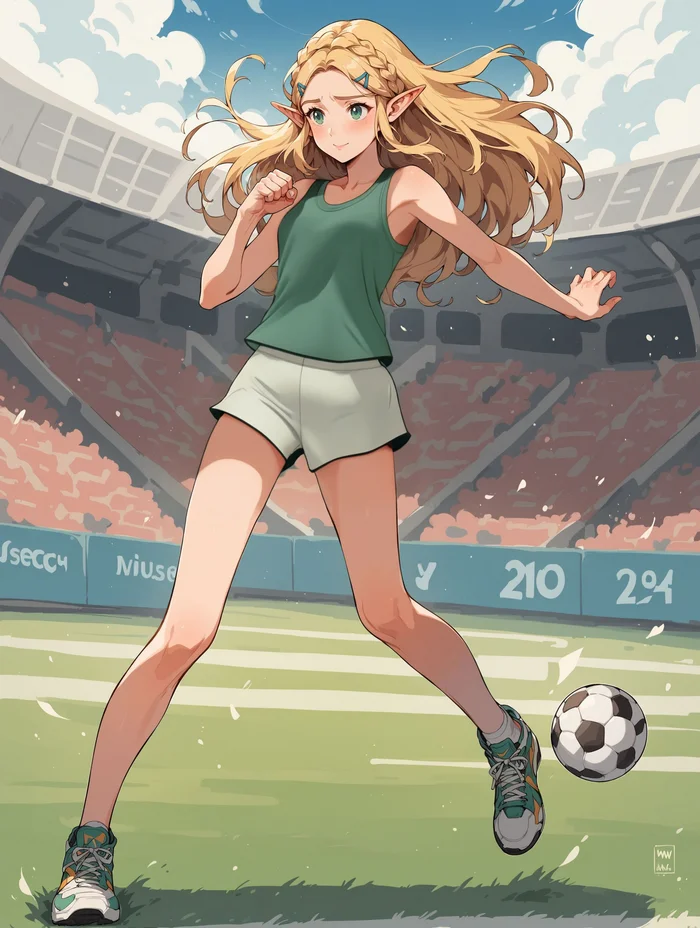 Hyrule's Best Striker ~ - My, The legend of zelda, Princess zelda, Nintendo, Anime, Game art, Anime art, Art, Neural network art, Girls, Midjourney, Phone wallpaper, Blonde, Elves, Characters (edit), Football, Sportswear, Sports girls, Ball, Soccer ball, Stadium