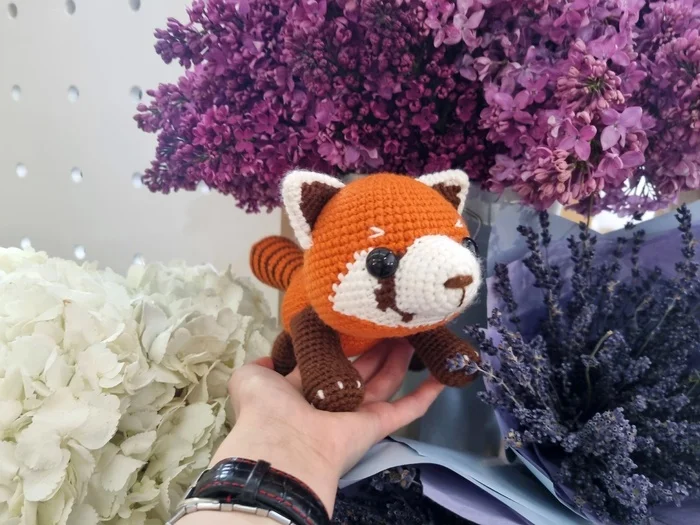 Red panda in Red color - My, Knitting, Knitted toys, Amigurumi, With your own hands, Hook, Needlework, Needlework without process, Author's toy, Toys, Soft toy, Panda, Red panda, Presents, Creation, Longpost