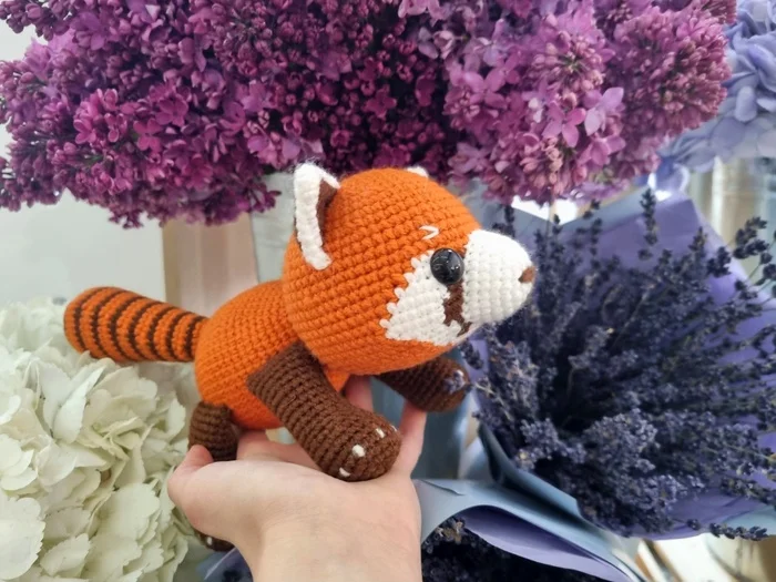 Red panda in Red color - My, Knitting, Knitted toys, Amigurumi, With your own hands, Hook, Needlework, Needlework without process, Author's toy, Toys, Soft toy, Panda, Red panda, Presents, Creation, Longpost