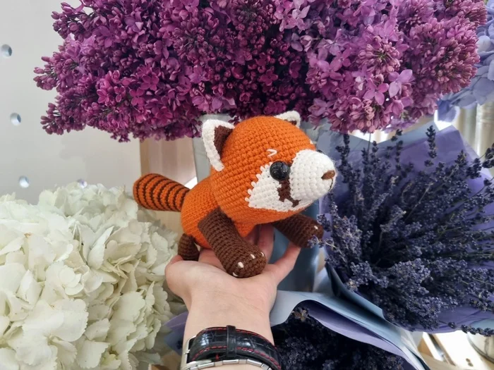 Red panda in Red color - My, Knitting, Knitted toys, Amigurumi, With your own hands, Hook, Needlework, Needlework without process, Author's toy, Toys, Soft toy, Panda, Red panda, Presents, Creation, Longpost