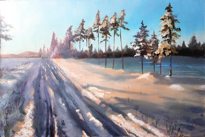 Along the winter road 1 - My, Artist, Oil painting, Canvas, Author's painting, Butter, Longpost