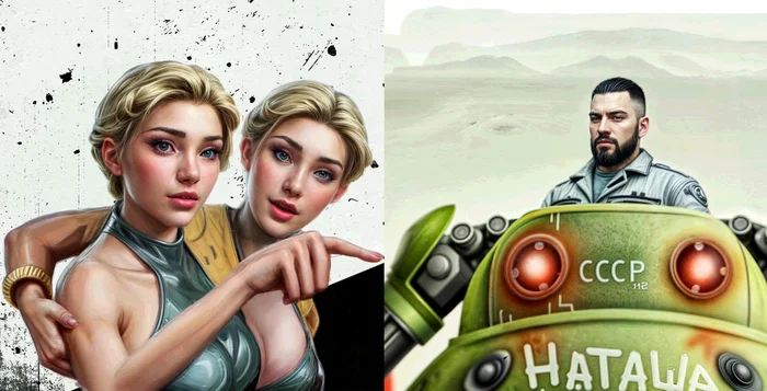 Get out of Natasha!...while we're talking - My, Neural network art, Girls, Twins (Atomic Heart), Game art, Atomic Heart, Memes, Rework, Photoshop