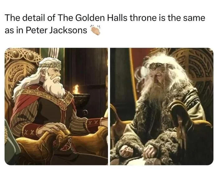 The details of the throne in the Golden Halls are the same as on the throne in Peter Jackson's films - Lord of the Rings, Rohirrim War, Animation, Theoden Rohansky, Throne, Comparison, Tolkien, Without translation