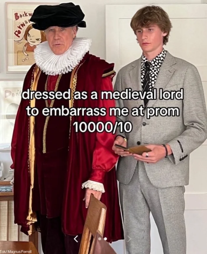 “My father dressed up as a medieval lord to embarrass me at my graduation.” - Will Ferrell, Actors and actresses, Celebrities, The photo, High school graduation, Picture with text, From the network, Parents and children