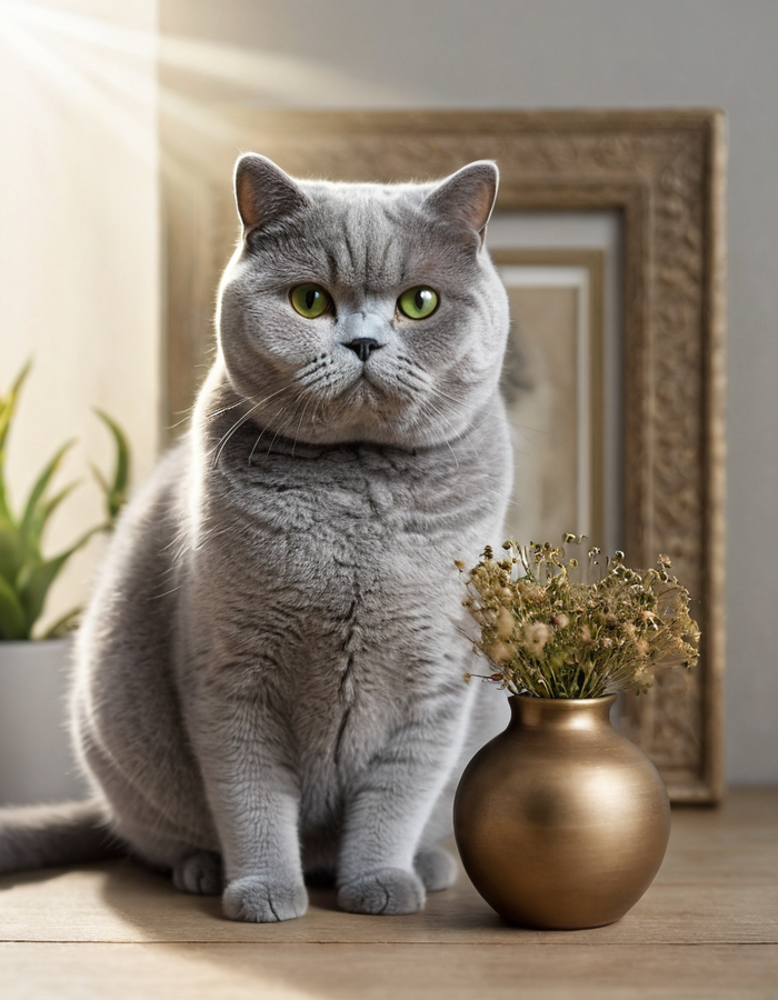      "a British Shorthair cat on the center"