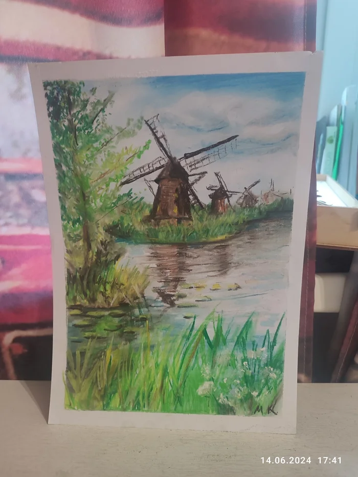 Mill. Dry pastel - Friday tag is mine, Drawing, Pastel, Windmill