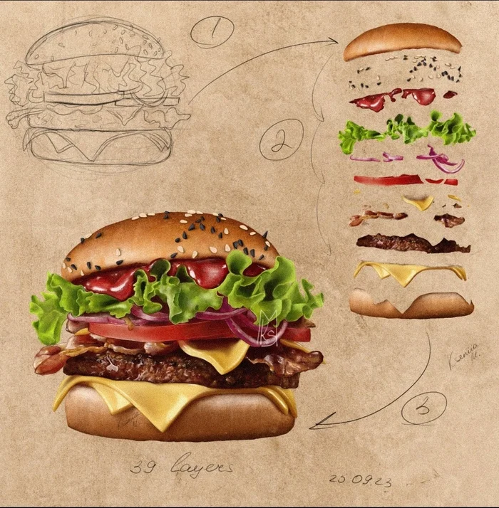 Hand drawn food illustration in procreate - My, Artist, Illustrations, Procreate, Painting, Sketch, Burger, Fast food, Realism, Photorealism, Drawing, Digital drawing, Drawing on a tablet