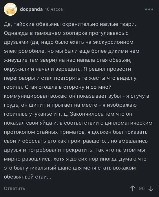 Обезьяны вспоминают его до сих пор... - Юмор, Забавное, Скриншот, Комментарии на Пикабу