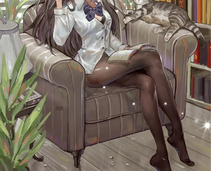 Tights are our everything - Anime, Anime art, Art, Tights, Girls, Original character, cat, Canking