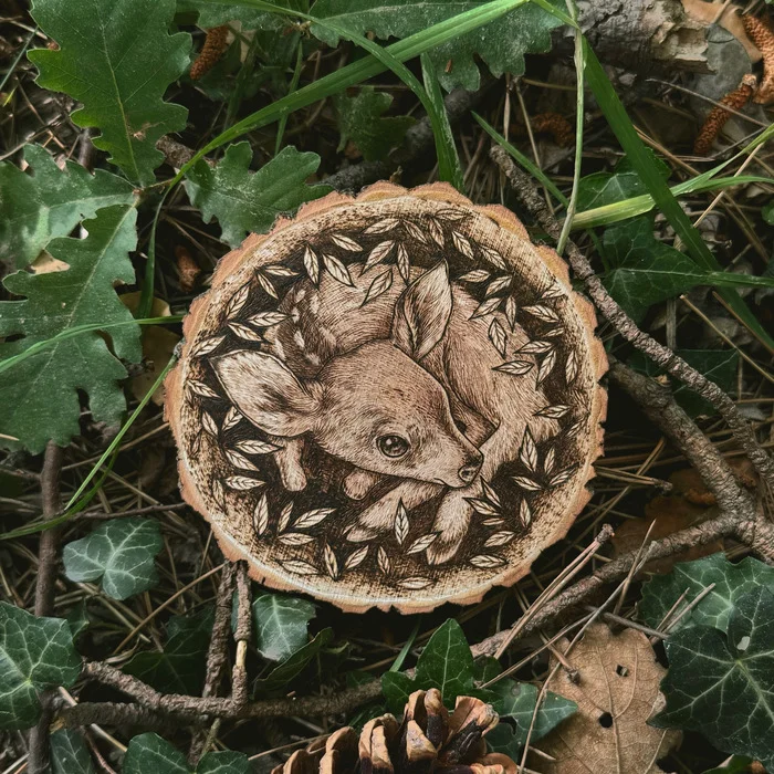 Fawn, wood burning - My, Handmade, Pyrography, Scorcher, Woodworking, Art, Deer, Needlework without process