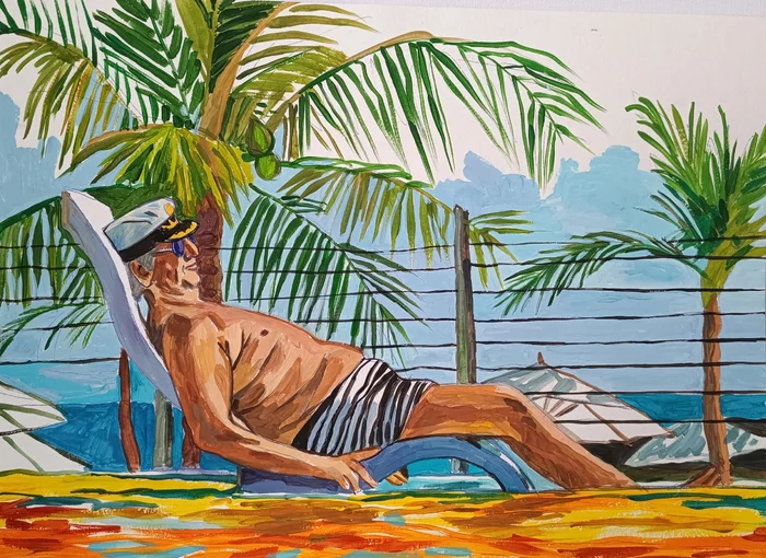 Old Captain Lena Zaprudskikh - My, Painting, Artist, Art, Modern Art, Gouache, VKontakte (link), Captain, Vacation, Sea, Hotel, Swimming pool