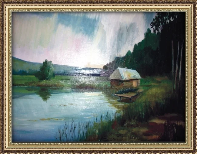 Bathhouse by the lake (E) - My, Artist, Oil painting, Canvas, Author's painting, Butter