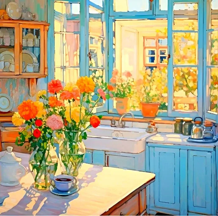 sunny day - Art, Drawing, Kitchen, Flowers