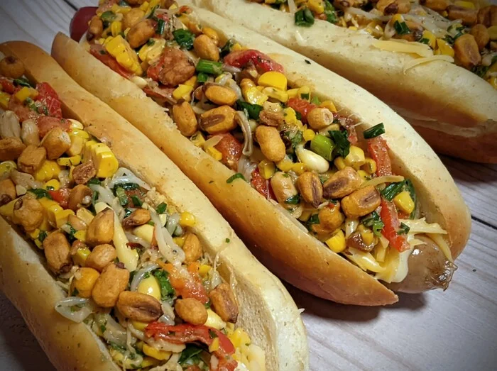 Hot dog with Thai corn salad - My, Recipe, Corn, Pepper, Hot Dog, Mayonnaise, Cheddar, Coconut, Jalapeno, Longpost, Ingredients, Cooking, Food