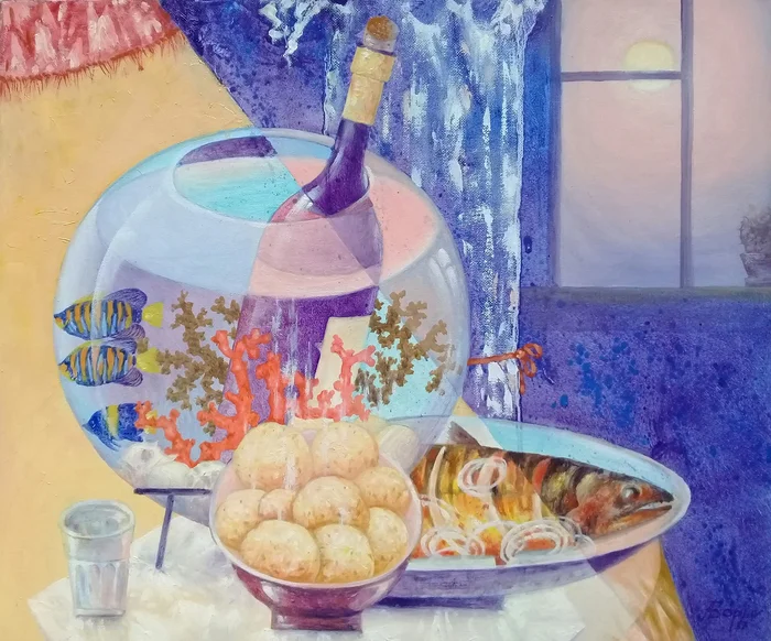 Bachelor's Dinner - My, Art, Modern Art, Art, Painting, Oil painting, Canvas, Dinner, Aquarium, Aquarium fish, Potato, Bachelor, The sun, Coral