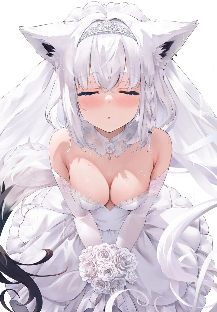 Fubuki - Anime art, Anime, Hololive, Virtual youtuber, Shirakami fubuki, Animal ears, Bride, Wedding Dress, The bride's bouquet, Tail, Twitter (link)