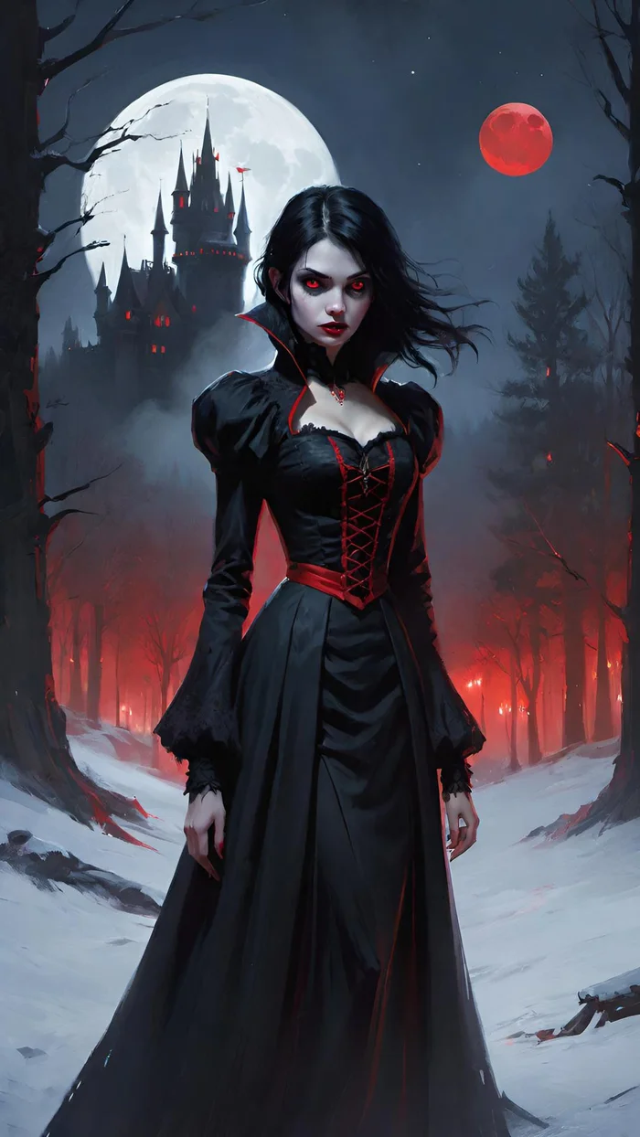 Part 9 - Vampires against the background of the castle - My, Vampyr, moon, Snow, Lock, Gothic, Artificial Intelligence, Neural network art, 2024, Forest, Girls, Vampires, Longpost