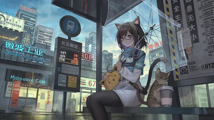 Expectation - Anime art, Anime, Girls, Original character, Animal ears, Tail, cat, Rain, Town, Art, Girl in glasses