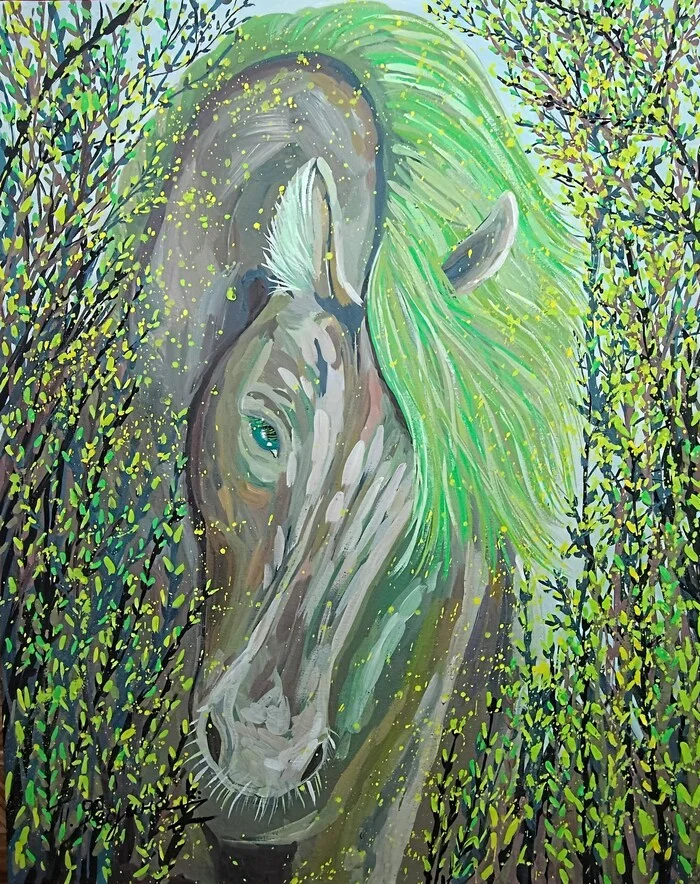 April Author Tatyana Fedina - My, Fantasy, Horses, April, Acrylic, Greenery, Self-taught artist