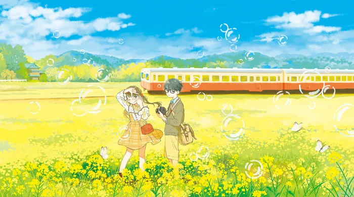 Summer memories - Anime, Anime art, Original character, Pair, Field, Flowers, Bubble, Camera, A train, Art, Illustrations