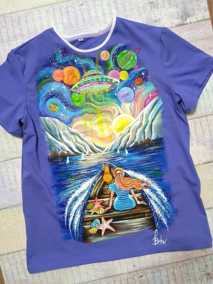 T-shirt with hand-painted Everyone has their own space inside - My, Customization, Mountain tourism, Yoga, T-shirt, Drawing, Painting on fabric, Needlework without process