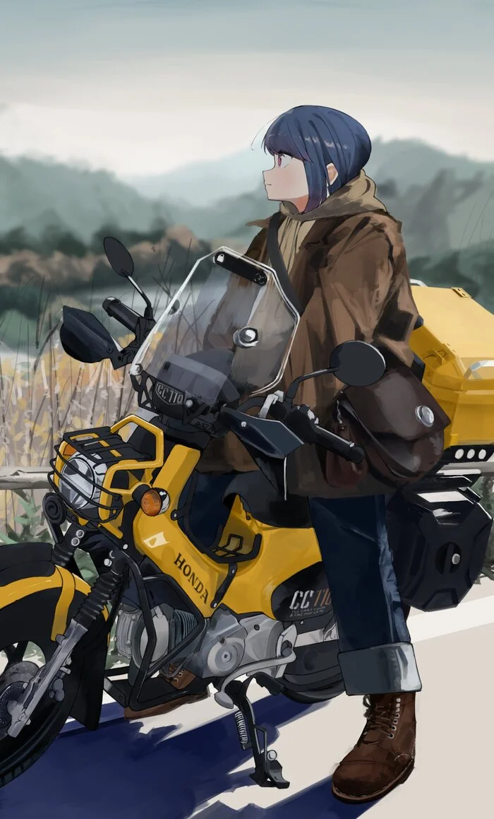 Finding the way - Anime art, Anime, Girls, Shima Rin, Yuru camp, Motorcyclists, Motorcycle travel, Neural network art